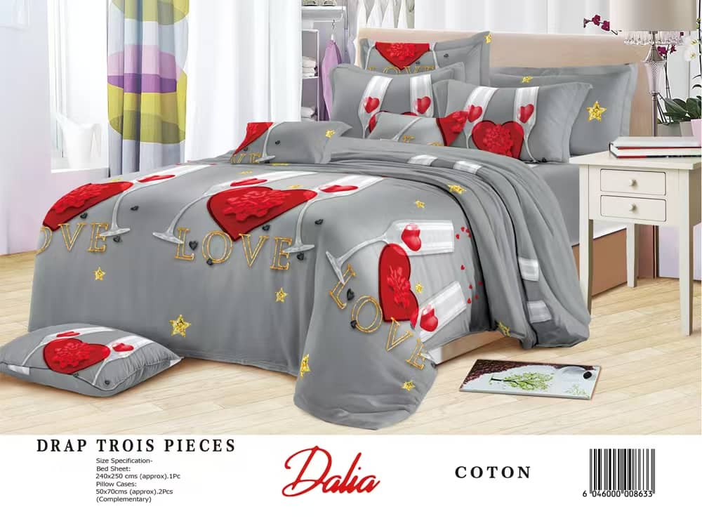 Drap Dalia 3 pièces (2 taies d'oreillers + 1 drap) Coton - Gris & Rouge