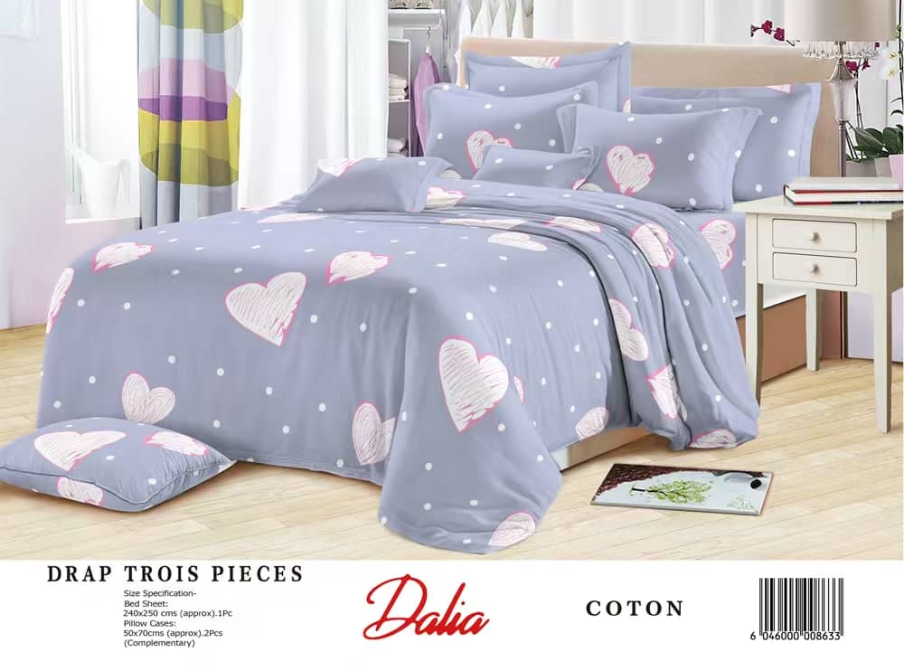 Drap Dalia 3 pièces (2 taies d'oreillers + 1 drap) Coton - Gris & Rose 