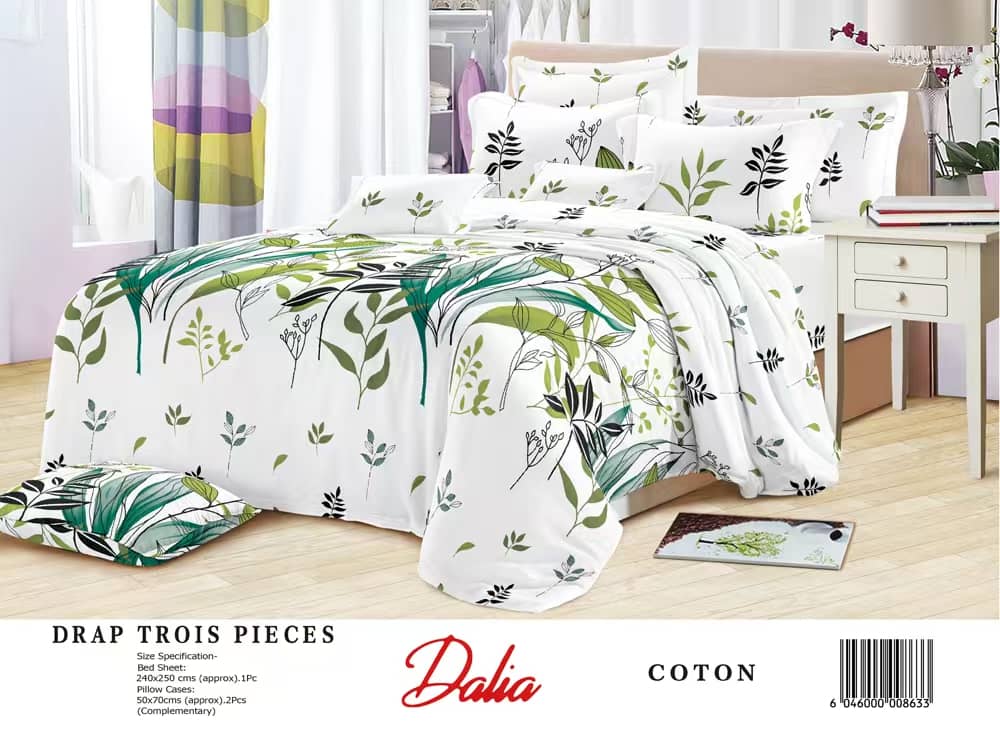 Drap Dalia 3 pièces (2 taies d'oreillers + 1 drap) Coton - Blanc & Vert