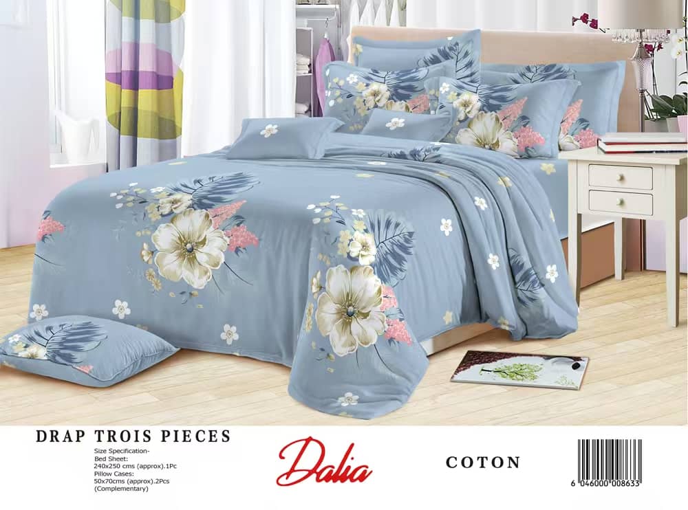 Drap Dalia 3 pièces (2 taies d'oreillers + 1 drap) Coton - Bleu & Gris