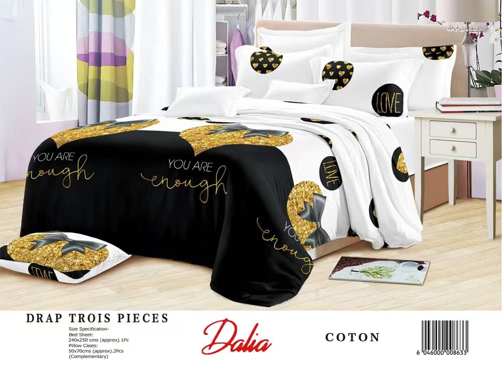Drap Dalia 3 pièces (2 taies d'oreillers + 1 drap) Coton - Blanc,Noir & Jaune 