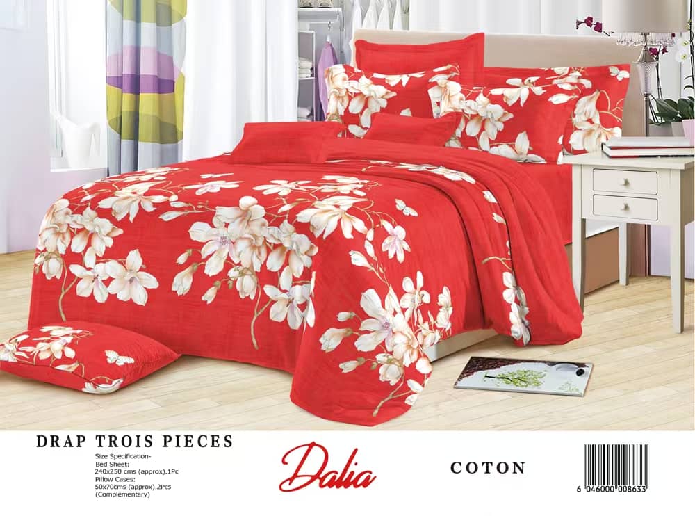 Drap Dalia 3 pièces (2 taies d'oreillers + 1 drap) Coton - Rouge & Blanc 