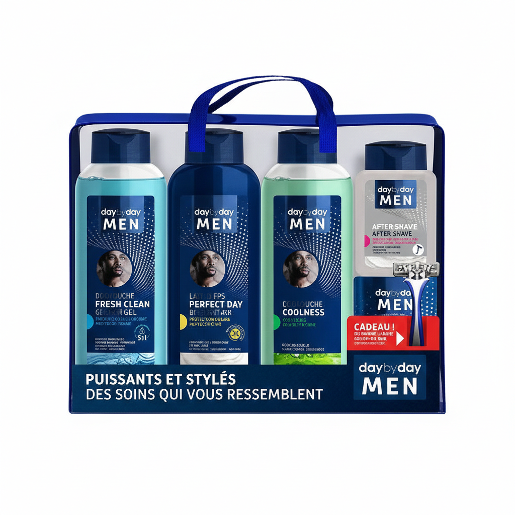  Gamme Day by Day men (Le lait hydratant + Le gel douche + Le savon Deep Clean + L’eau de Cologne + Le baume)
