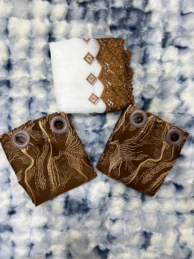 Ensemble Rideaux 2 Lourds & 1 Léger - Marron 