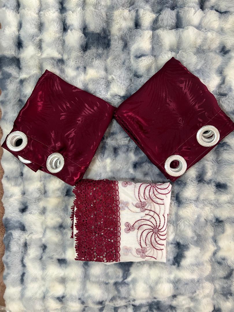 Ensemble Rideaux 2 Lourds & 1 Léger - Rouge Bordeaux 