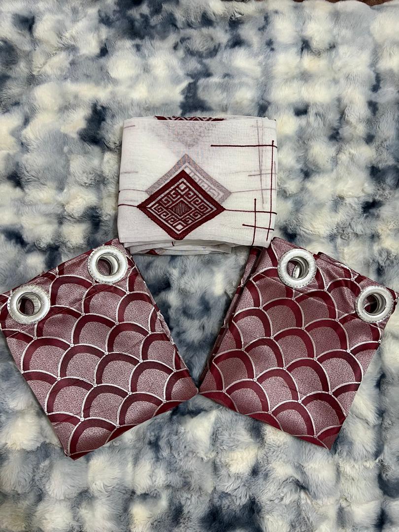 Ensemble Rideaux 2 Lourds & 1 Léger - Rouge Bordeaux 