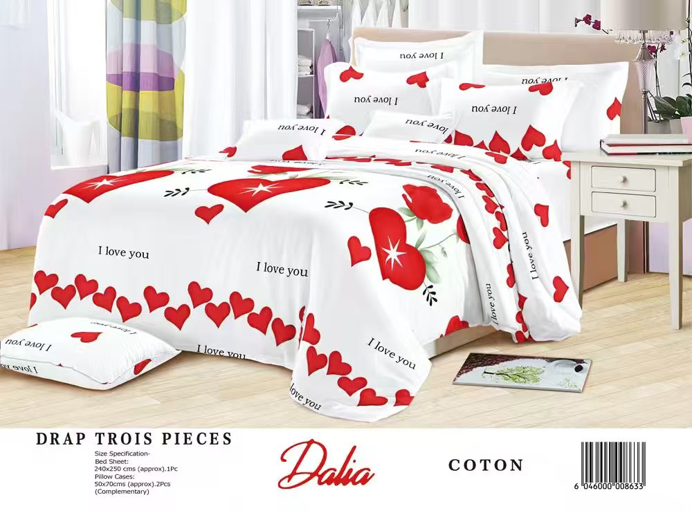 Drap Dalia 3 pièces (2 taies d'oreillers + 1 drap) Coton - Blanc & Rouge