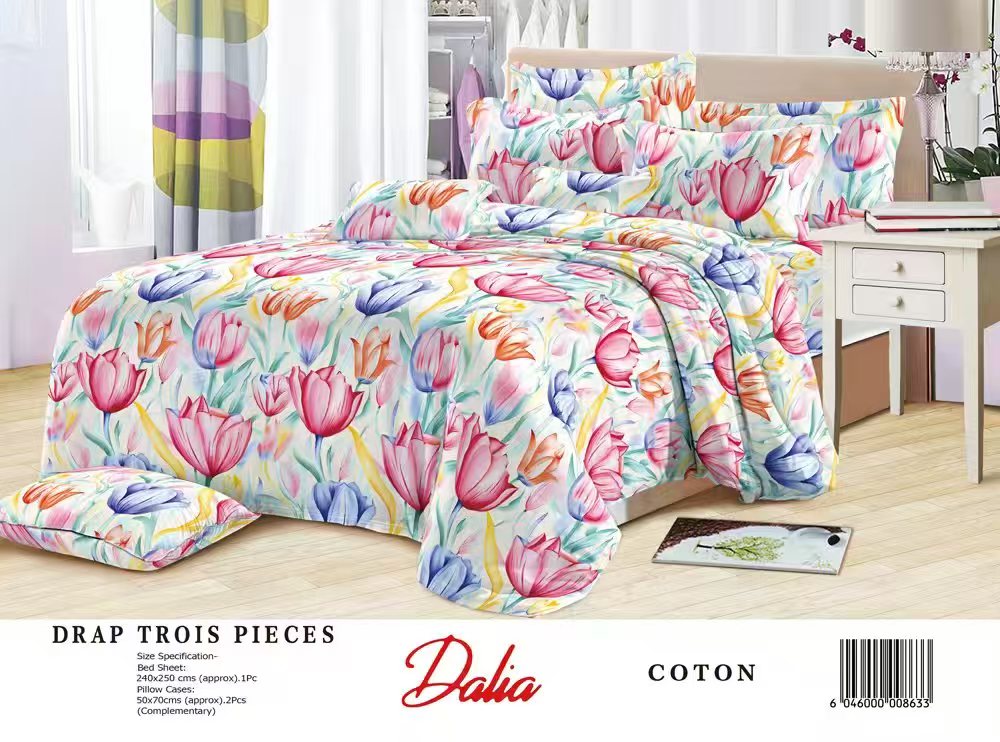 Drap Dalia 3 pièces (2 taies d'oreillers + 1 drap) Coton - Multicolore 