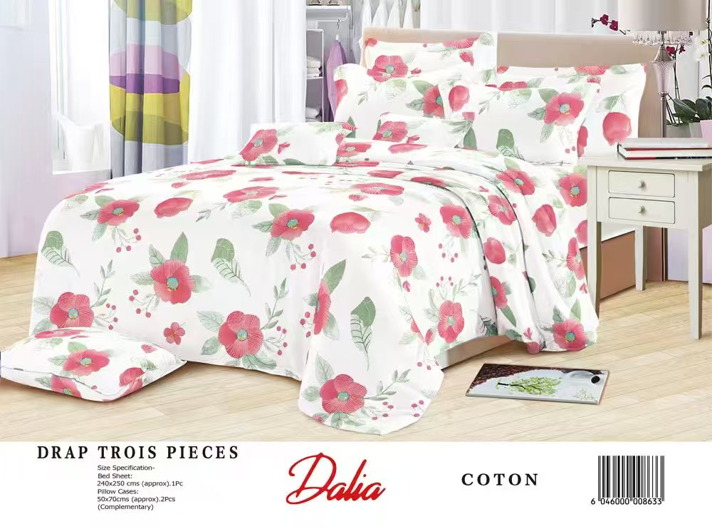 Drap Dalia 3 pièces (2 taies d'oreillers + 1 drap) Coton - Blanc & Rouge