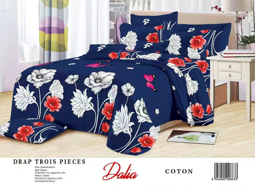 Drap Dalia 3 pièces (2 taies d'oreillers + 1 drap) Coton - Bleu & Orange 