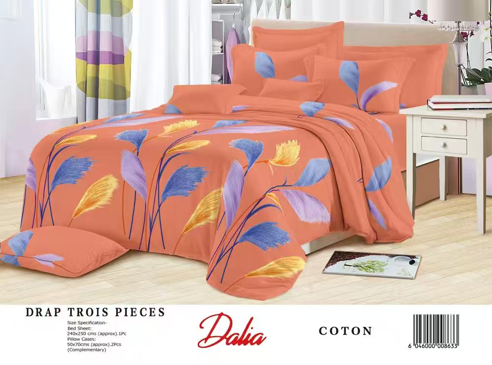 Drap Dalia 3 pièces (2 taies d'oreillers + 1 drap) Coton - Saumon & Bleu