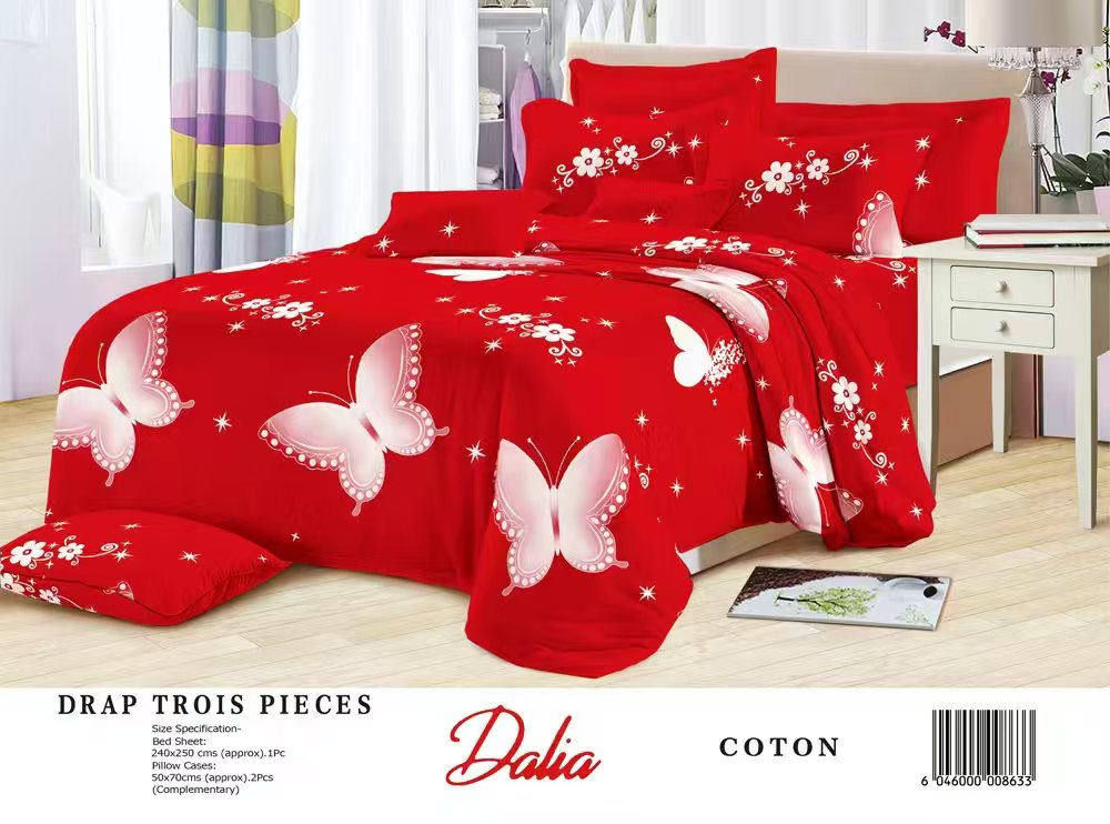 Drap Dalia 3 pièces (2 taies d'oreillers + 1 drap) Coton - Rouge 