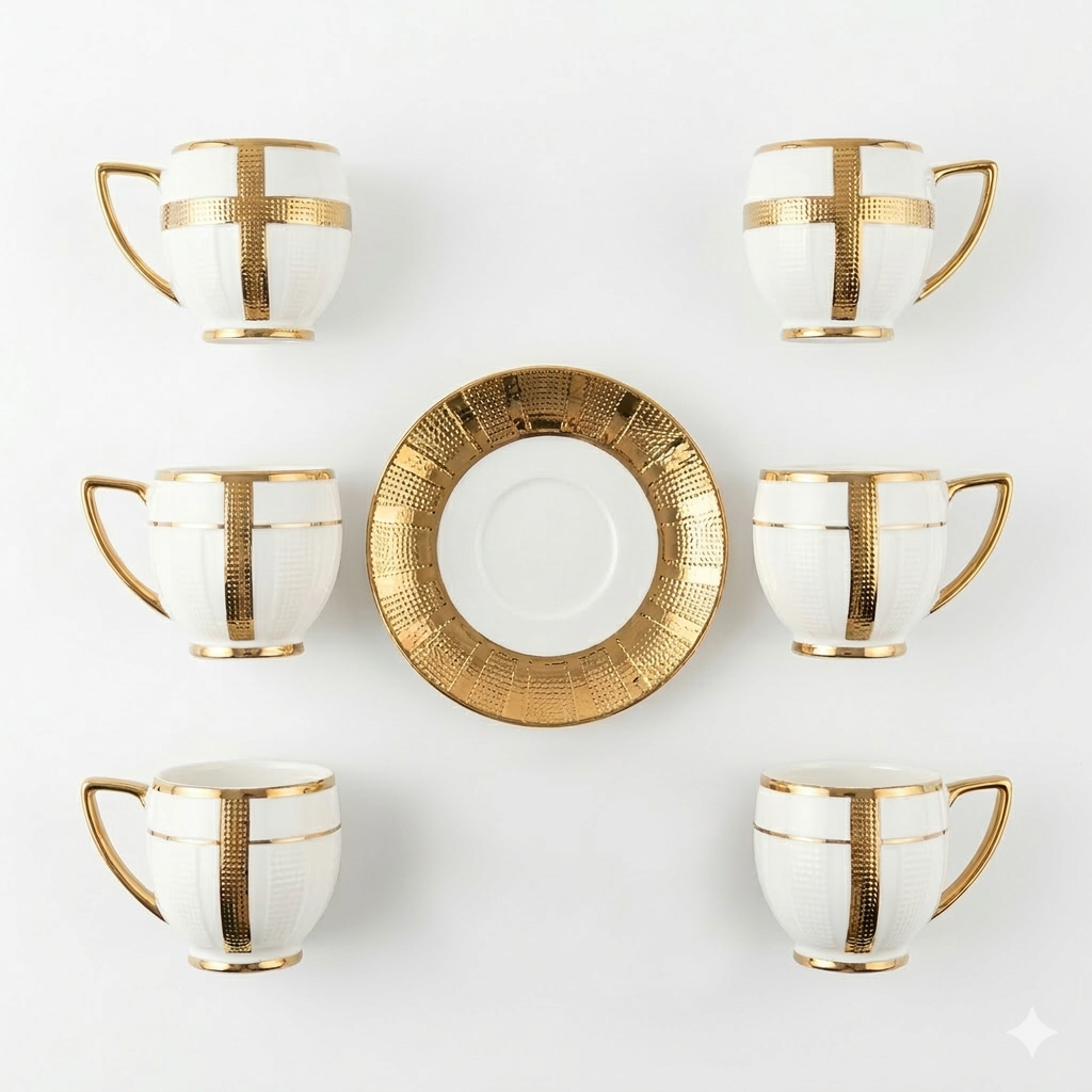 Service de Six Tasses Blanc & Doré 