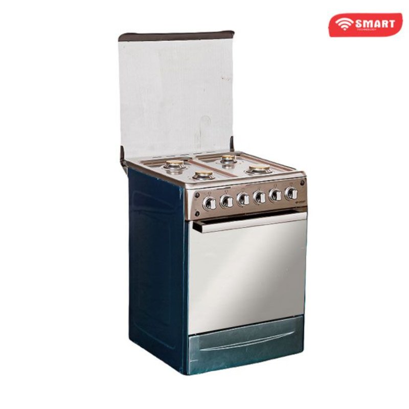 SMART TECHNOLOGY Cuisinière à Gaz 4 Feux Inox - Avec Four Haut et Bas - Rotisseur - Allumage electrique - 60x60Cm - Inox -STC-6060C- Garantie 12 mois